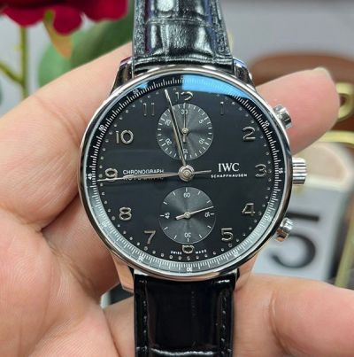 IWC Portugieser Chronograph Real Picture Black Face Black Leather Strap Watch